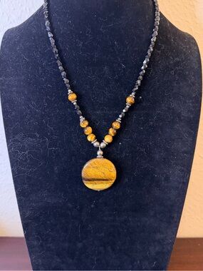 Vintage Tigers Eye Pendant Necklace Faceted Black Gemstone Beads Boho Retro